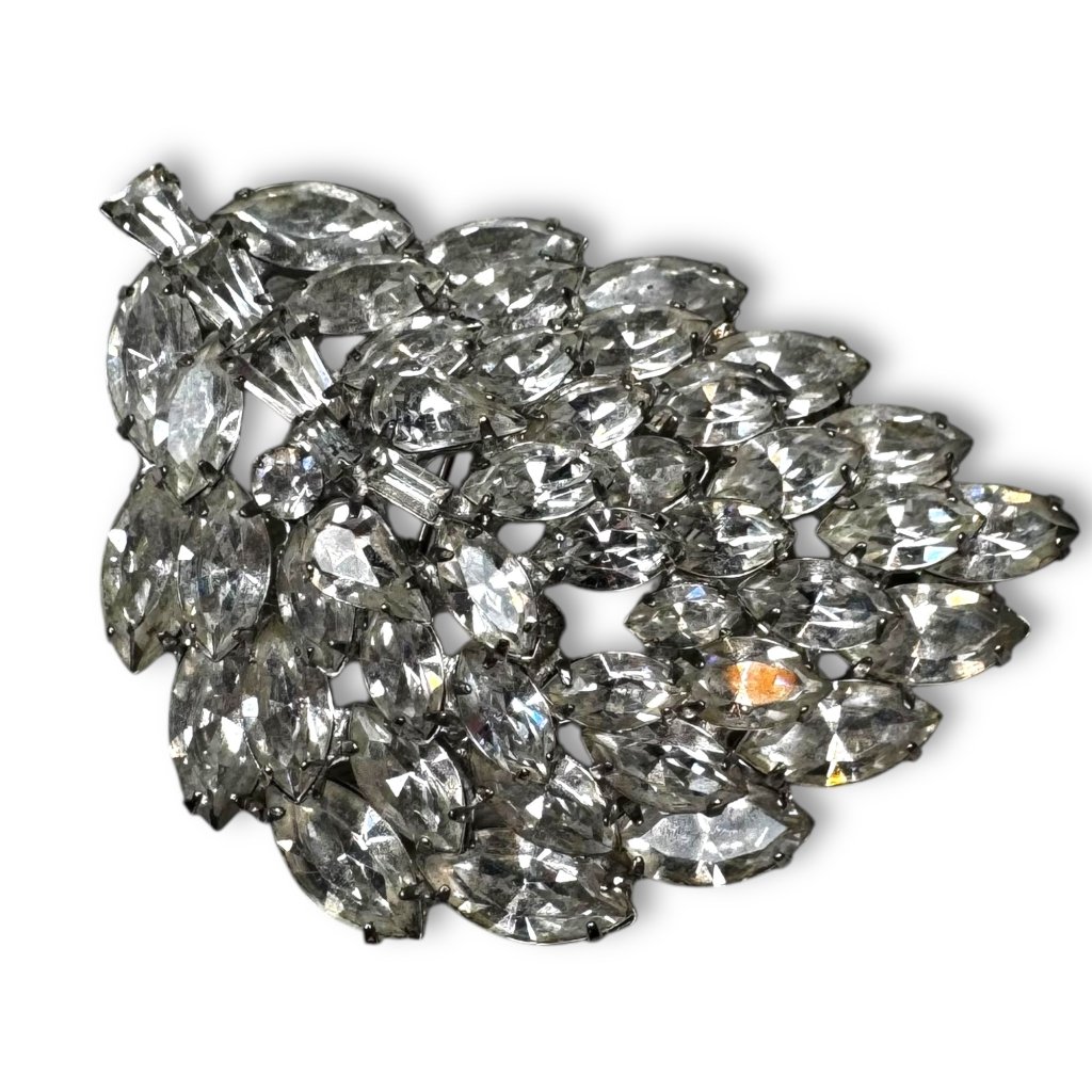 Weiss Clear Rhinestone Leaf Brooch Silver Tone Navette Crystal Statement